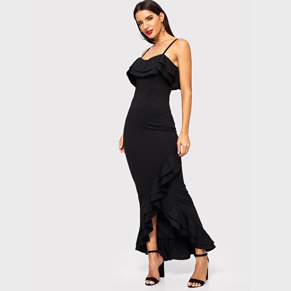 Ruffle Trim Asymmetric Hem Cami Maxi Dress Slit - Picture 2 of 5
